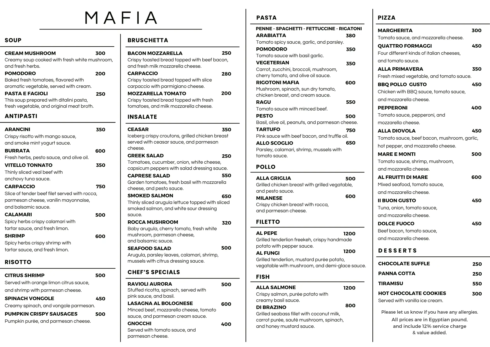 Mafia Italian Classic Restaurant - Menu